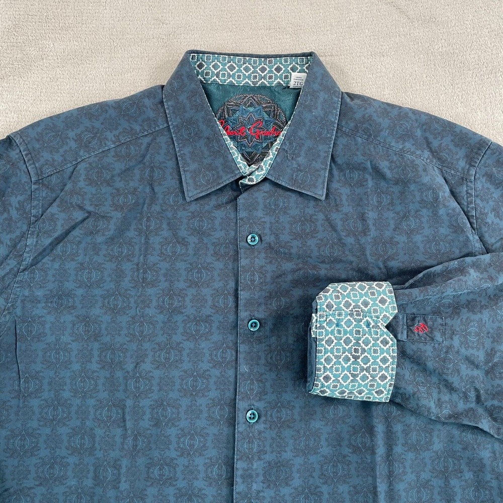 Robert Graham Shirt Mens 2XL Blue Black Classic Fit Ornate AOP Print Flip Cuffs